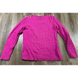 Lauren Ralph Lauren Boatneck Cable Knit Sweater Large Pink With Gold Buttons